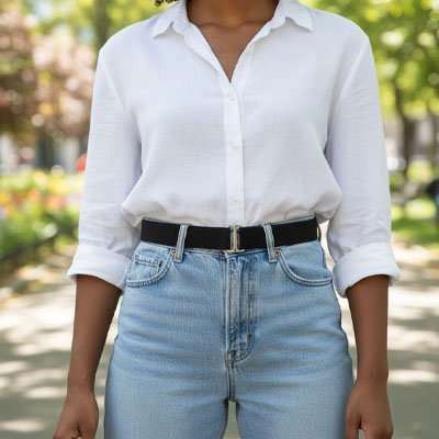 Ceinture femme en cuir noir avec boucle argentée élégante et intemporelle