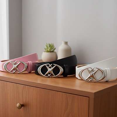 Ceinture femme élégante en simili cuir avec boucle double cœur disponible en trois coloris raffinés